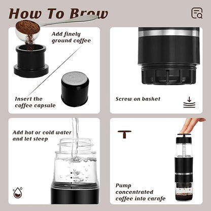 PIQUEBAR Portable Coffee Maker for Ground Coffee & Capsules, Small Espresso Machine Manual French Press Coffee Maker for Travel, Camping