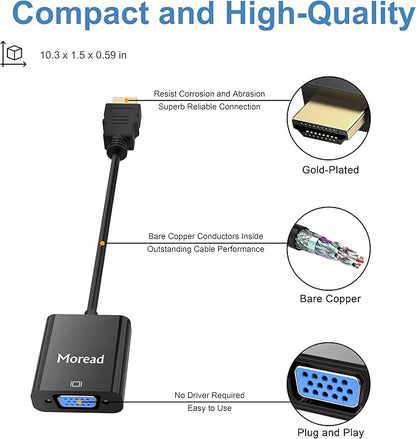 Moread HDMI to VGA, Uni-Directional Gold-Plated HDMI to VGA Adapter (Male to Female) for Computer, Desktop, Laptop, PC, Monitor, Projector, HDTV, Chromebook, Raspberry Pi, Xbox and More - Black