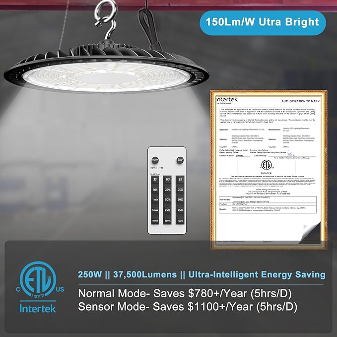 Lightdot Smart 250W High Bay LED Shop Lights 37,500LM High Bay Lights with Control (Normal Mode & Motion Sensor Mode) ETL-Listed Plug & Play for 30-40FT Height Warehouse-6Yrs Warranty-6Pack