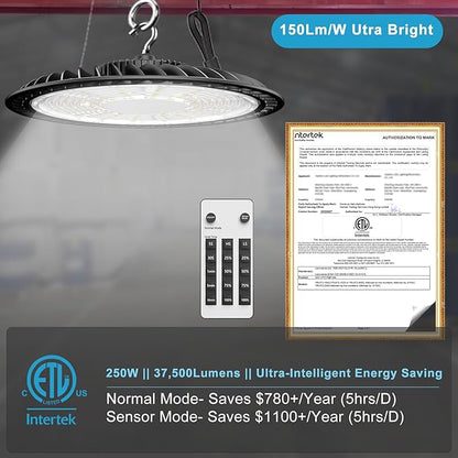 Lightdot Smart 250W High Bay LED Shop Lights 37,500LM High Bay Lights with Control (Normal Mode & Motion Sensor Mode) ETL-Listed Plug & Play for 30-40FT Height Warehouse-6Yrs Warranty-6Pack