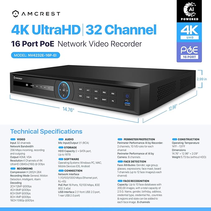 Amcrest 4K 32-Channel AI NVR (16-Port PoE) Smart NVR, Facial Recognition, Facial Detection & Vehicle Detection - Supports 32 x 4K IP Cameras, Supports up to 2 x 16TB HDD (Not Included) NV4232E-16P-EI