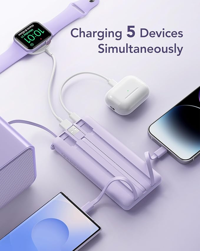 VRURC Portable Charger Power Bank, 10000mAh Travel Essentials Battery Pack, 5 Outputs 2 Inputs Slim Charging Bank Built-in Cables Cords for iPhone 17 16 15 14 13,Samsung,Android-Lavender(1 Pack)