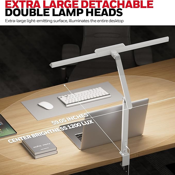 Honeywell LED Desk Lamp with Clamp - HJ1 Sunturalux Eye-Caring Clip on Lights for Home Office, 1200LM Clamp Lamp 4 Color Modes Stepless Dimming Task Desk Light for Working White