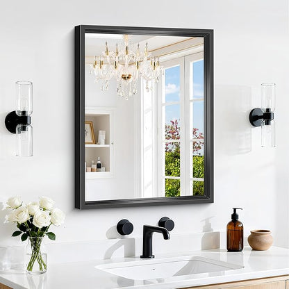 Black Bathroom Mirror, 18x24 Inch Rectangle Mirrors for Wall, 0.6" Thickened Deep Frame, Brushed Black Mirrors for Over Sink, Shatterproof Tempered Glass, Antirust, Horizontally or Vertically
