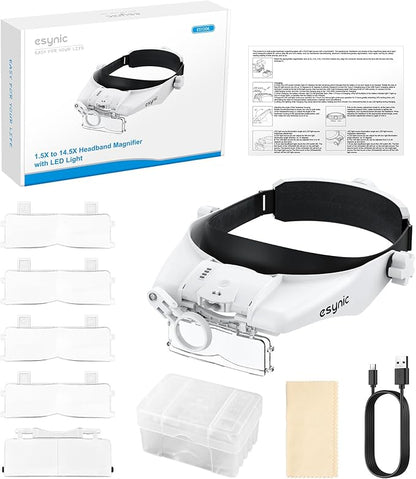 eSynic Head Magnifier with 2 LED Light-1.5X-13X Magnification with 5 Acylic Lens Set & Comfort Fit Design- 2 Level Brightness USB-C Rechargeable Headband, Hands-Free for Jewelry Repair/Reading/Crafts