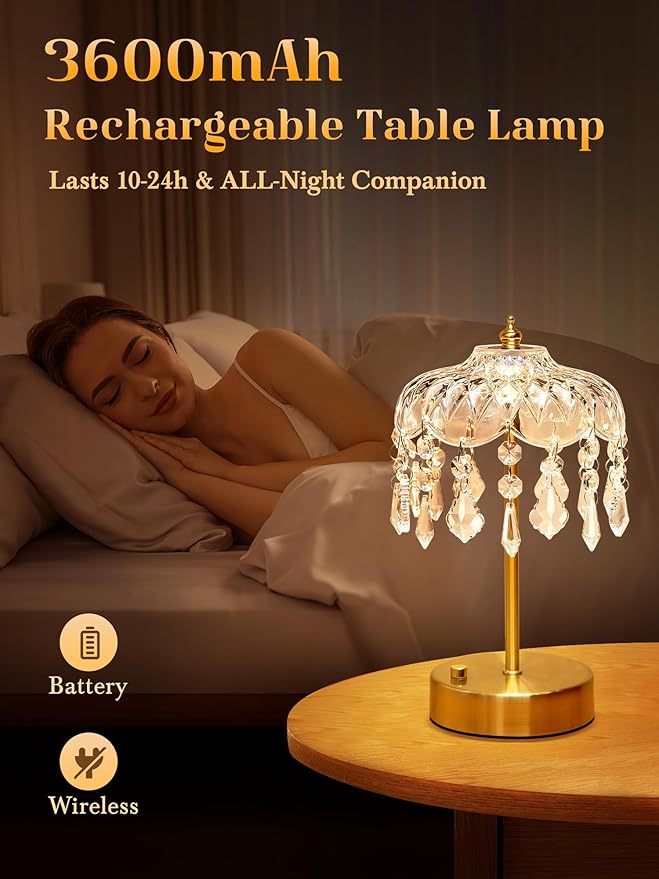 Vintage Lamp, 3 Colors 10 Brightness Crystal Lamp Flower Lamps, 3600mAh Rechargeable Lamps Cordless Lamps Bedroom Kitchen Bathroom, Desk Decor for Women, Valentines Day Gifts Valentines Gifts for Her