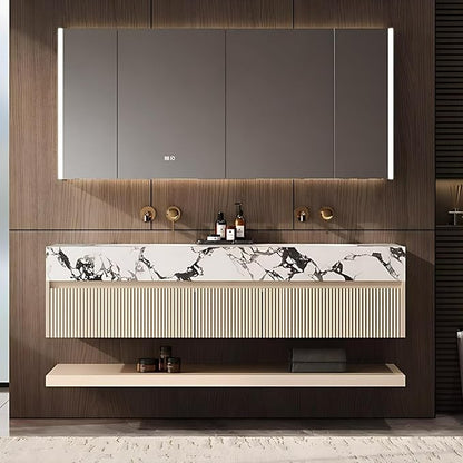 Fashionable Bathroom Vanity with Sink, Smart One-Click Defogging & LED Light, Bathroom Sink and Cabinet with Wave Striped Panel, Rockslab Countertop (Mirror Cabinet, 76IN)