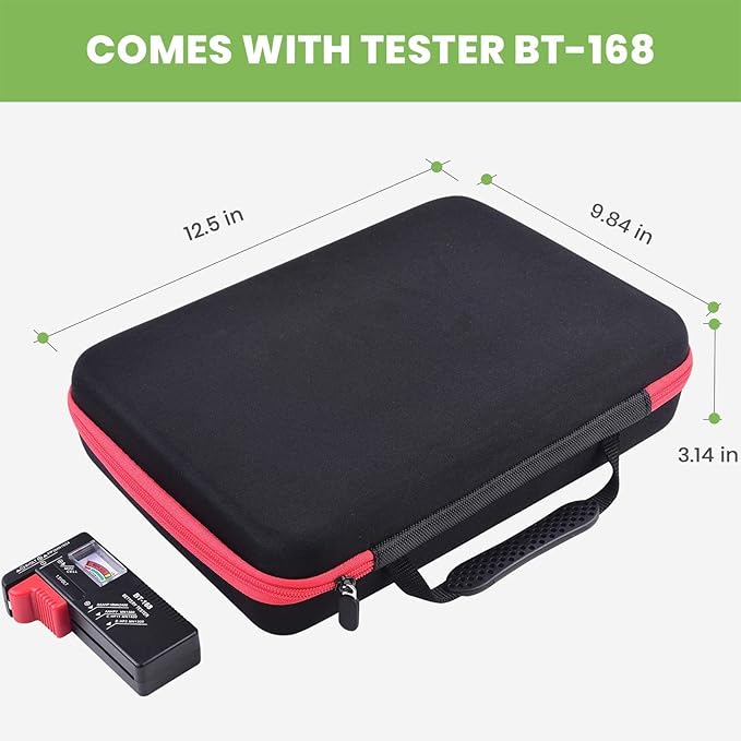 Battery Organizer Storage Holder Case Box with Tester Checker BT-168. Holds 225 Batteries AA AAA C D Cell 9V 3V Lithium (Red)