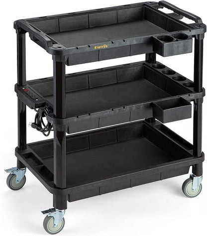ELAFROS Multi-Use Rolling Cart with Power Strip – Industrial-Grade Plastic Utility Cart with 3 Deep Plastic Shelves, 500 lbs Capacity, 32.4"x18.3", Work cart, Black