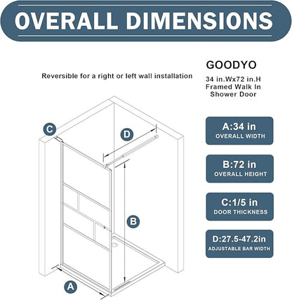 Goodyo 34” X 72” Shower Door Tempered Glass Framed Shower Screen Panel for Walk-in Bathroom Matte Black Finish, Middle Glass Frosted Pattern, 3-Pieces Glass
