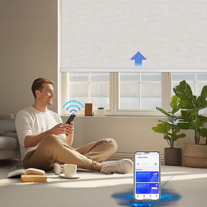 COOLWINDS Motorized Blinds with Remote Cordless Automatic Motorized Shades Custom Blinds for Windows Smart Curtains Compatible with Alexa Google Home(Blackout Linen Sandy Beach,W56 x H72in)