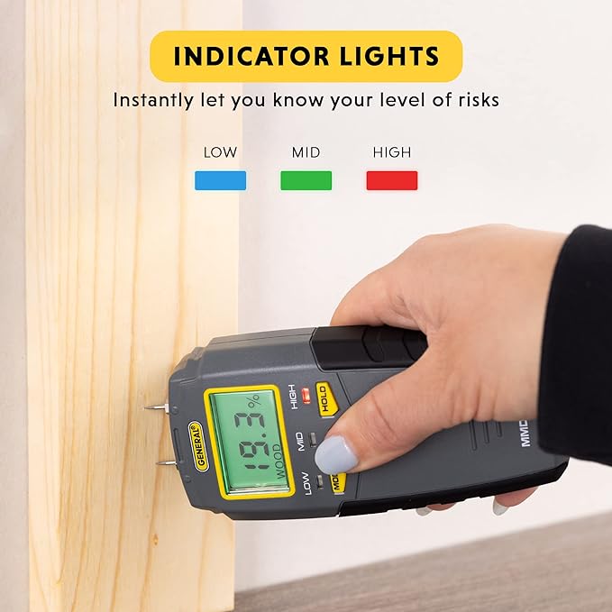General Tools MMD4E Digital Moisture Meter, Water Leak Detector, Moisture Tester, Pin Type, Backlit LCD Display With Audible and Visual High-Medium-Low Moisture Content Alerts, Grays