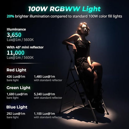 SmallRig RC 100C RGBWW LED Video Light, with App Control, 100W Mini COB Continuous Output Lighting, Handheld Spotlight 2700-10000K/CRI 96+/TLCI 98+/12 Effects, 11000Lux/1m, Lite Version White, 5340