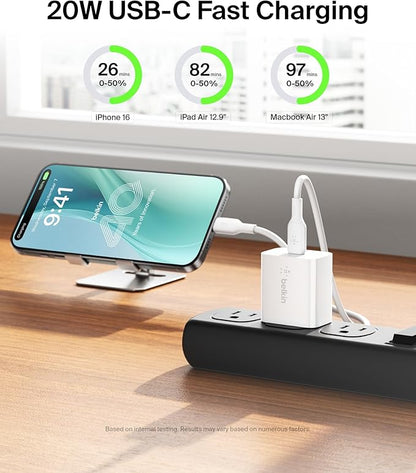 Belkin USB C Charger Block 20W, iPhone Charger Fast Charging - iPhone 17, Air, Pro, Pro Max, Samsung Galaxy S25, Google Pixel 10, iPad, AirPods, Apple Watch, Nintendo Switch 2 & More - White
