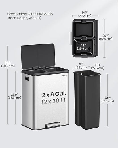 SONGMICS Trash Can, 2 x 8 Gallon (2 x 30 L) Double Garabge Can for Recycling and Waste, Stainless Steel, Soft-Close Lid, Inner Buckets, Wide Sturdy Pedal, Metallic Silver ULTB556E01