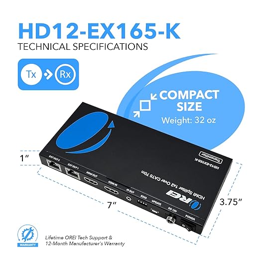 OREI 4K 1x2 HDMI Over ethernet Extender Splitter Over CAT6/7 ethernet Cable 4K@30Hz up to 165 ft - 1 in 2 Out, 1080P@60Hz Upto 230 ft, PoC, IR Control, EDID, HDMI Loop Out (HD12-EX165-K)