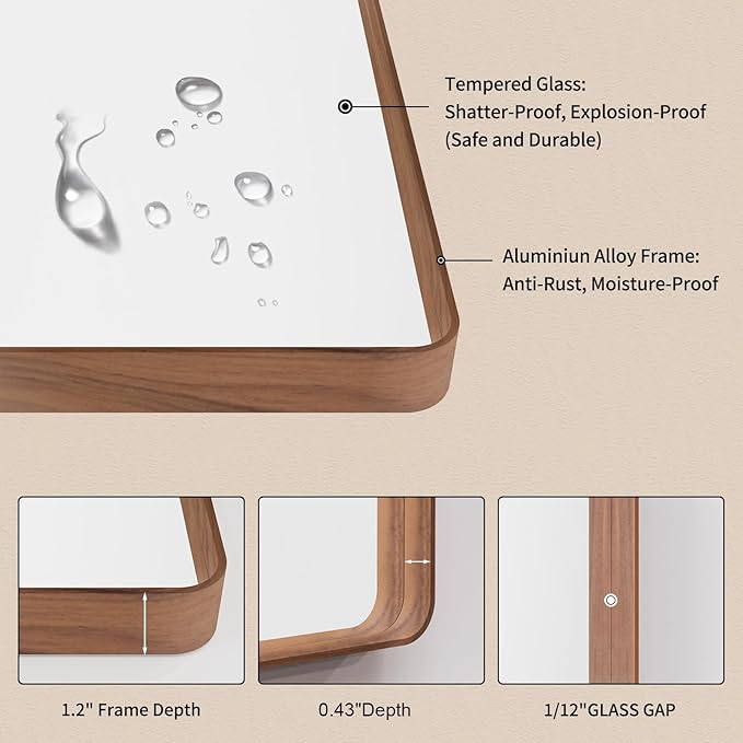 LOAAO 48X32 Inch Bathroom Mirror with Wood Grain Colored Metal Frame, Rounded Rectangle Metal Framed Bathroom Mirror, Anti-Rust, Hangs Horizontally or Vertically, Tempered Glass