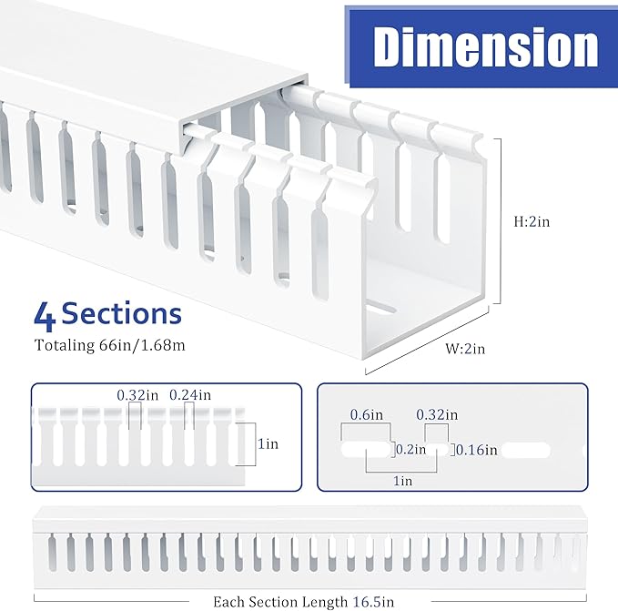 ZhiYo 66in(4X L16.5in) Professional Server Rack Cable Management Raceway, H2in x W2in Cable Raceway Kit, Electrically Safe PVC Open Slot Wire Raceway for Under Desk/Computer/Network Cords, White