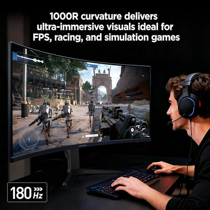 KOORUI 34-inch Curved Ultrawide WQHD 3440×1440 Gaming Monitor, 180Hz 1000R- PIP/PBP, 1ms(MPRT), HDR400, DCI-P3 95%, FreeSync Premium, 1 x DP 1.4 & 2 x HDMI 2.0, Tilt Height Swivel Adjustment, 34E6UC