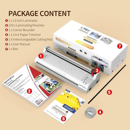 Laminator Machine 13Inch Wide with 120 Letter Size Laminating Sheets for A3/A4/A6,11X17 Thermal Hot&Cold 2 Roller Laminated 3-5Mil with Paper Cutter, Corner Rounder for Office Home School Teacher Use