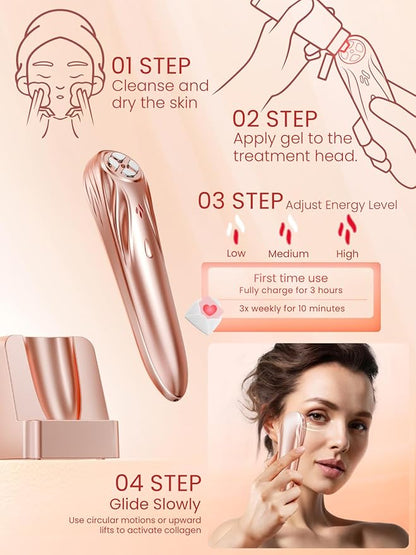 RF Radio Frequency Facial Device, 1MHz RF Machine for Anti-Aging & Face Lifting, Wireless Skin Tightening for Wrinkles & Jawline, 3 Modes for Home Use with Gel