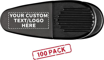 100 Magnetic Memo Holders Set - Customizable Text, Logo - Large Clip, Plastic - Black