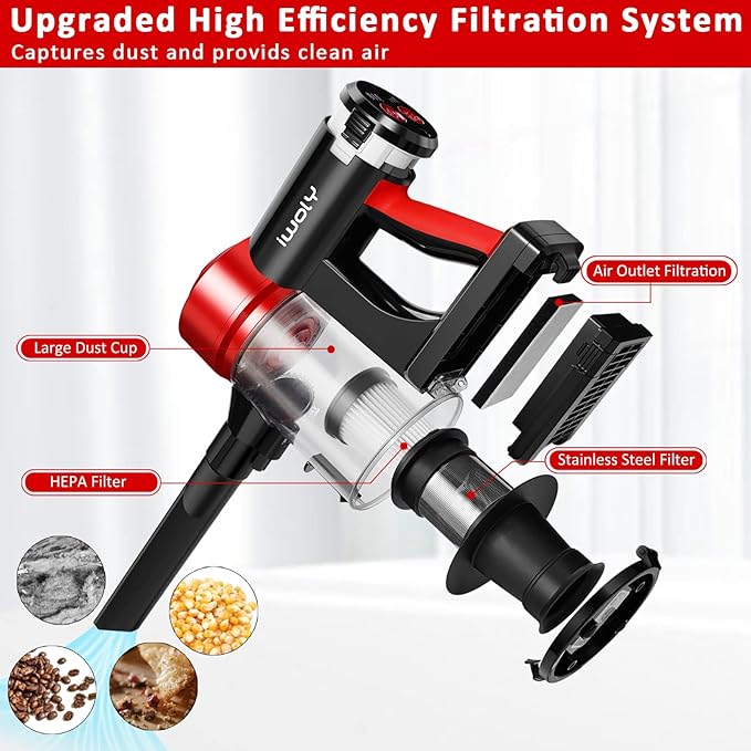 iwoly C150 Cordless Vacuum Cleaner Rechargeable with 2200mAh Detachable Battery, 18000Pa Cyclone Vacuum with HEPA Filter, Lightweight Portable Handheld Stick Vacuum for Hard Floor Car Cleaning