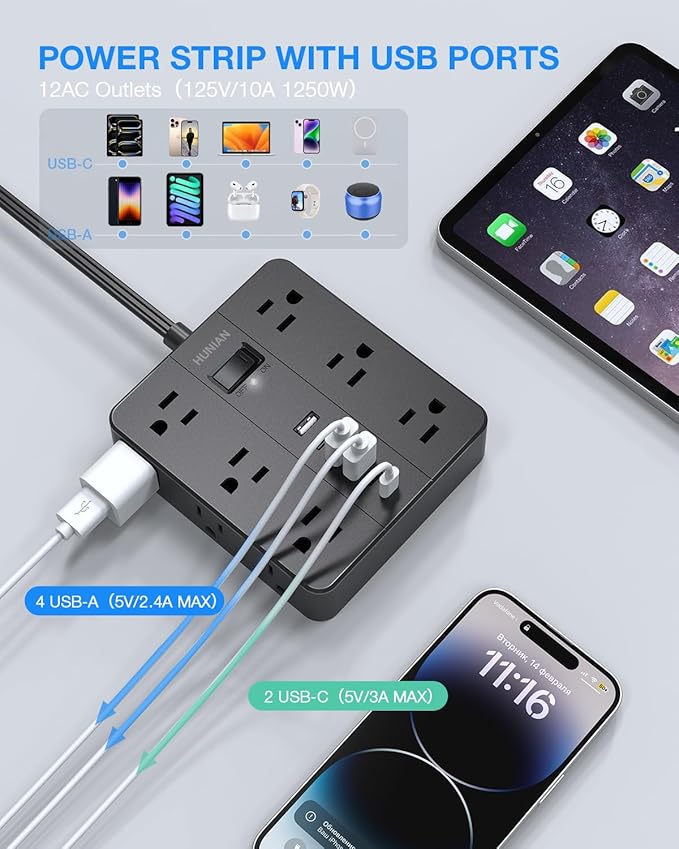 Surge Protector Power Strip 15 Ft Cord, HUNIAN Flat Plug Extension Cord with 12 Widely Spaced Outlets 6 USB Charger (2 USB C Ports), Desk Charging Station for Home Office Supplies, Dorm Room, Black