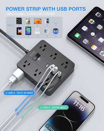 Surge Protector Power Strip 15 Ft Cord, HUNIAN Flat Plug Extension Cord with 12 Widely Spaced Outlets 6 USB Charger (2 USB C Ports), Desk Charging Station for Home Office Supplies, Dorm Room, Black