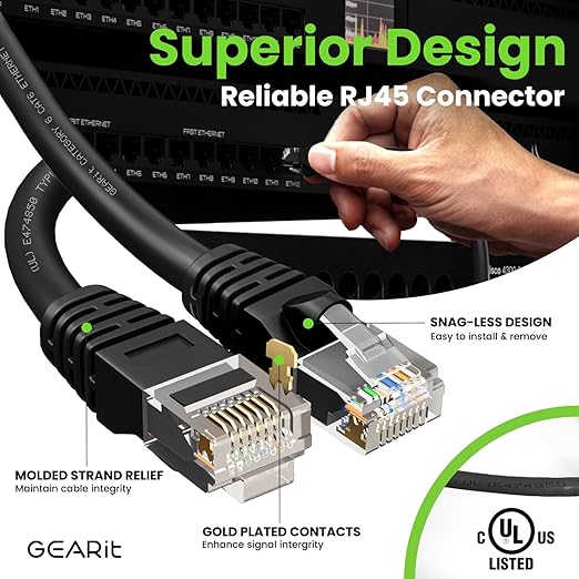 GEARit Cat 6 Ethernet Cable Pack - 100-Pack 2 ft Cat6 Ethernet Patch Cables | RJ45 Network Patch Cable, 10 Gbps Snagless Gold-Plated Connectors - Ethernet Cable Cat 6 for PC, TV, Router - Black