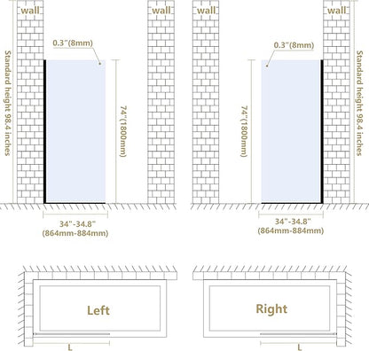Bathroom Shower Door Screen, 34 in. W x 74 in. H Single Panel Frameless Shower Screen with Tempered Glass, for Bathroom and Bathtub, Clear Shower Door Screen with Matte Black Rods