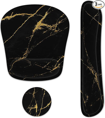 Keyboard Wrist Rest Memory Foam Ergonomic Mouse Pad with Computer Wrist Support Set with Non-Slip Rubber Base Coaster for Home, Office Easy Typing and Pain Relief - Black Marble
