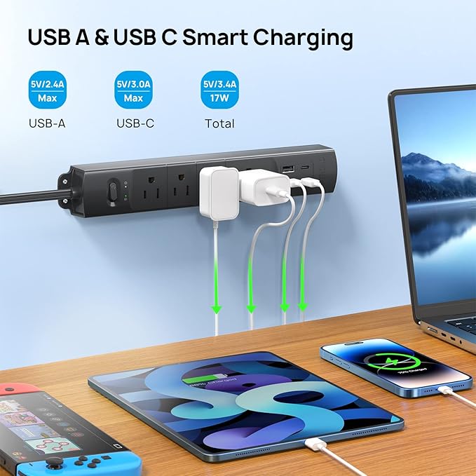 TROND 15ft Long Extension Cord with 2 USB C, ETL Listed, Ultra-Thin Flat Plug Power Strip, Slim Surge Protector, 4 Outlets 4 USB Ports, Wall Mount, Office Accessories Dorm Room Essentials, Black