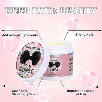 Goiple Edge Control Wax for Women Strong Hold Non-greasy Edge Smoother Strawberry Scent (4oz Edge Control Wax + Edge Brushes*2 + Pink Elastic Bands*2)