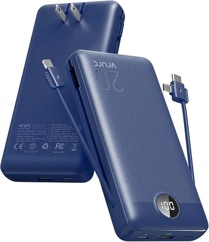 VRURC Portable Charger 20000mAh, Fast Charging Power Bank USB C,4 Output 2 Input Travel Essentials Charging Bank Equipped with LED Display,Built-in Wall Plug and Cables,Phone Charger Battery,Navy