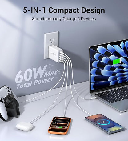 60W Fast Charger Block,2-Pack USB C Wall Charger,5-Port Dual 30W PD Charging Adapter+QC 3.0 Wall Plug Multiport Total power 60W Type C Charging Cube Brick For iPhone 17/16/15/14/13/Pro Max,iPad,Galaxy