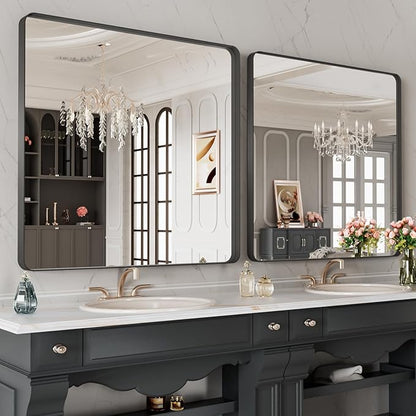 LOAAO 40X38 Inch Black Metal Framed Bathroom Mirror for Wall, Matte Black Bathroom Vanity Mirror Farmhouse, Anti-Rust, Tempered Glass, Hangs Horizontally or Vertically
