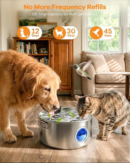 12L/ 3.4Gal Wireless Automatic Dog Water Fountain for Large Dogs，Stainless Steel 3 Modes Dog Fountain Water Bowl Dispenser, Multi Large Pet Water Fountain Ultra Quiet & Multi-Filteration