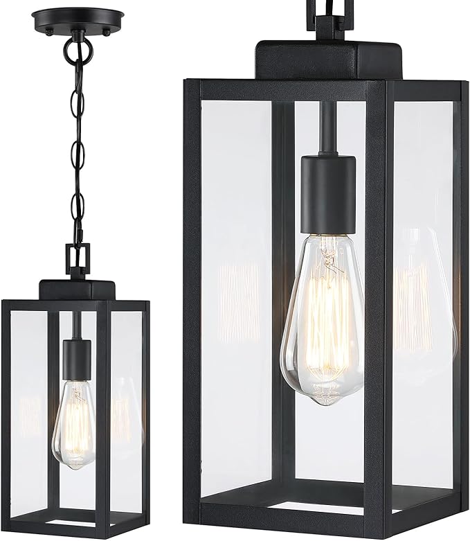 15'' Outdoor Pendant Light, Modern Outside Chandelier Outdoor Hanging Lantern Light, Matte Black with Clear Glass, Exterior Pendant Lighting Fixture Ceiling Mount for Porch, Entryway, Gazebo, 1Pack
