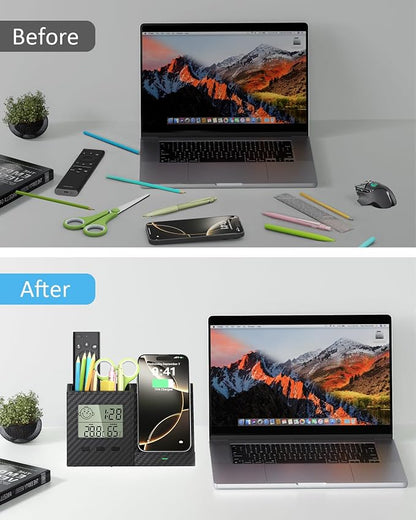 Multifunctional Pen Holder and Organizer for Desk with Wireless Charger, Digital Indoor Thermometer and Humidity Gauge, Home Office Organizers and Storage (Battery Included)