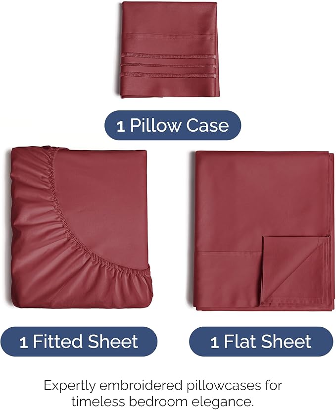 Twin Size 3 Piece Sheet Set - Comfy Breathable & Cooling Bed Sheets Set - Hotel Luxury Bedding for Women, Men, Kids, Teens, Boys & Girls - Deep Pockets, Ultra-Soft, Wrinkle Free - Oeko-Tex - Burgundy