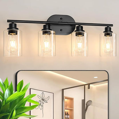 Unicozin Bathroom Light Fixtures, 4 Light Vanity Lights for Bathroom, Black Wall Lamp with Clear Glass for Mirror, Living Room, Hallway, Cabinet, E26 Base