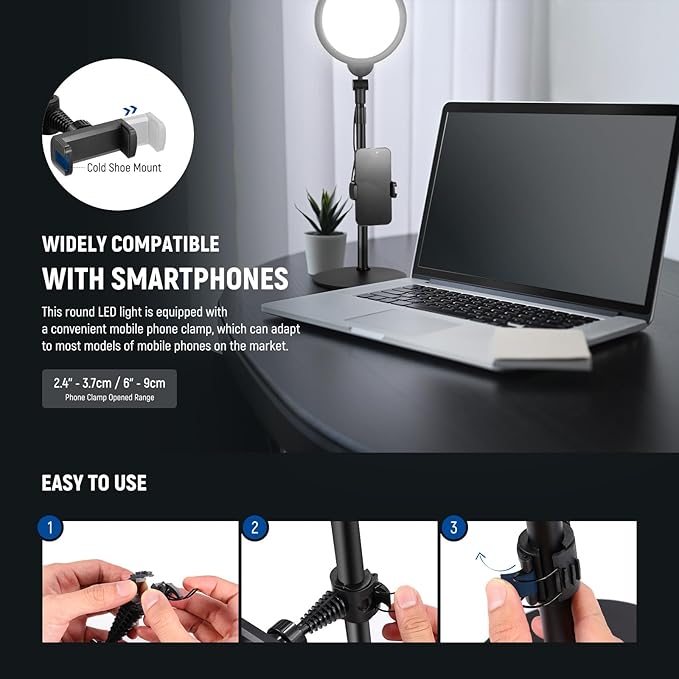 NEEWER Basics 2 Pack 7" Desktop Ring Lights for Video Recording, 10W Dimmable Full Screen Key Lighting with Desk Stands & Phone Holders for iPhone Computer Laptop Vlog Streaming Video Conference, R06