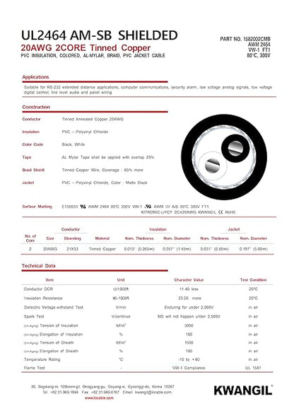 KWANGIL 2C 20AWG AMSB Shielded Cable Wire (UL2464) - Highly Flexible Str TC, PVC Ins, OS+TC BRD, PVC JKT for CNC Machine, Stepper Motor, VFD Spindle (Matte Black 25FT)