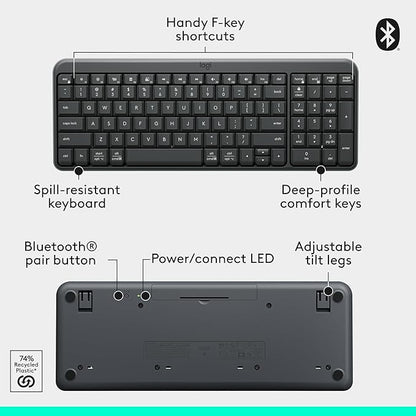 Logitech K250 Bluetooth Keyboard with Numpad, Easy Connectivity, Compact Wireless Keyboard Made with Recycled Plastic, Spill-Resistant, Comfortable Keys - Windows/MacOS - Graphite