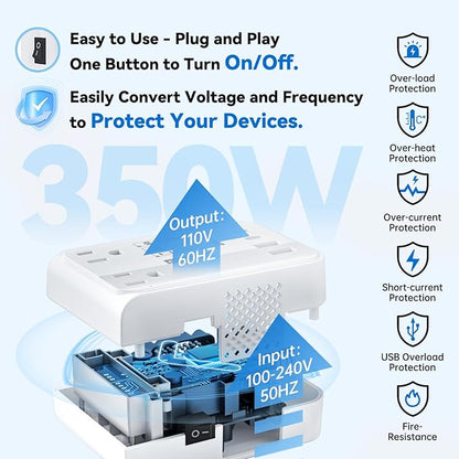 DOACE 220v to 110v converter 350W voltage converter us to europe for Hair Straightener/Curling Iron Converter for European Travel with 4-port USB Charging and UK/AU/US/EU Worldwide Plug Adapter, White