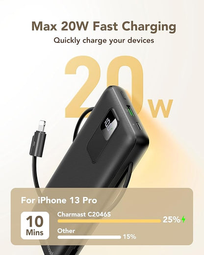 charmast Portable Charger 20000mAh with Wall Plug, Fast Charging Power Bank USB C, 20W PD Battery Pack with Built-in Cables Travel Essential for iPhone 16/15/14, Samsung, iPad More Devices (Black)