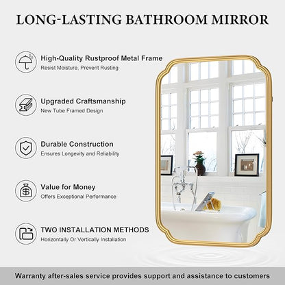 Gold Bathroom Mirror for Wall 20" x 30" Modern Rounded Corner Rectangle Mirror with Non-Rusting Iron Metal Framed Bathroom Vanity Mirror for Over Sink Wall Decor(Horizontal/Vertical)