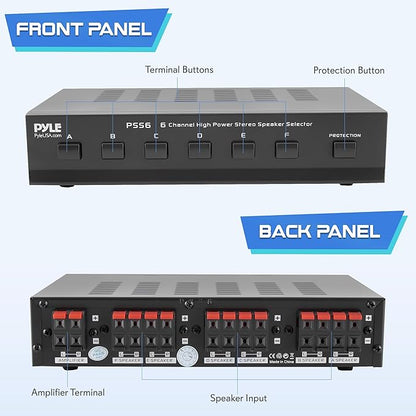 Pyle Home Premium New and Improved 6 Zone Channel Speaker Switch Selector Switch Box Hub Distribution Box for Multi-Channel High Powered Stereo Amplifier A,B,C,D Switches, 6 Pairs Of speakers - PSS6