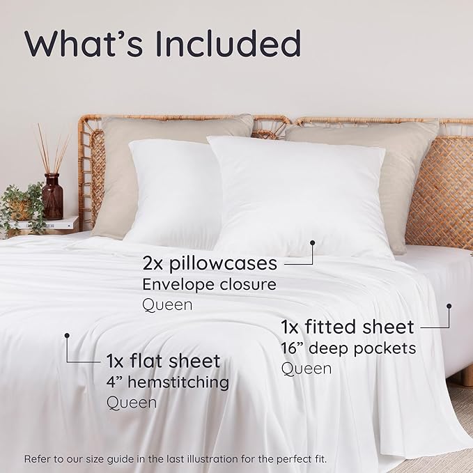 Bambaw 100% Viscose Derived from Bamboo Sheets Queen Size Deep Pocket Set – 4pcs Hotel Luxury Bed Sheets Set, Fits Up to 16'' with Elastic Corner Straps, Ultra Soft Cooling Sheets Queen Size (White)